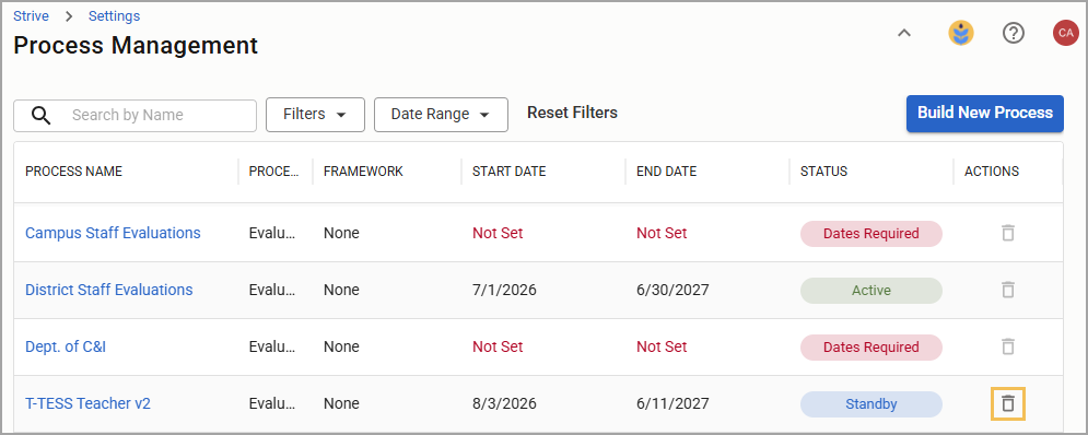 Overview of process management with the Delete icon highlighted.